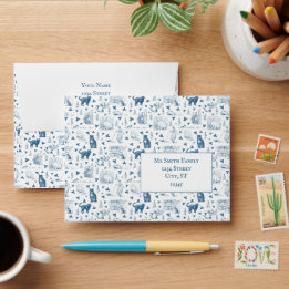  Retro Toile Patroon Cat Catnip Wit Blauw Envelop