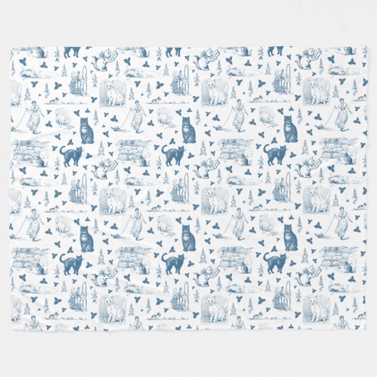  Retro Toile Patroon Cat Catnip Wit Blauw Fleece Deken (Voorkant (Horizontaal))