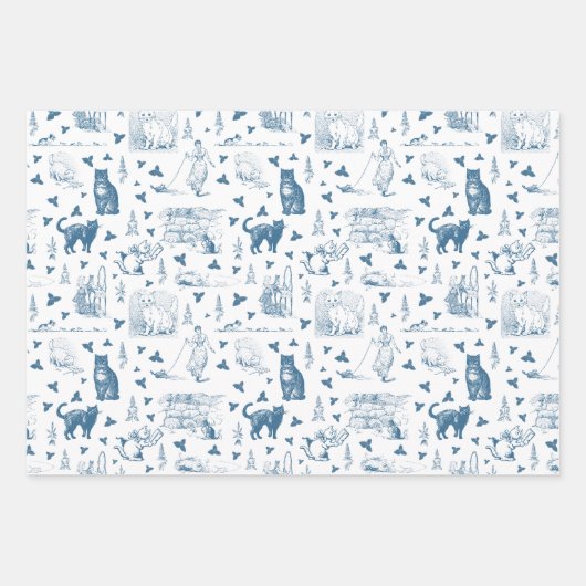  Retro Toile Patroon Cat Catnip Wit Blauw Inpakpapier Vel (Voorkant)