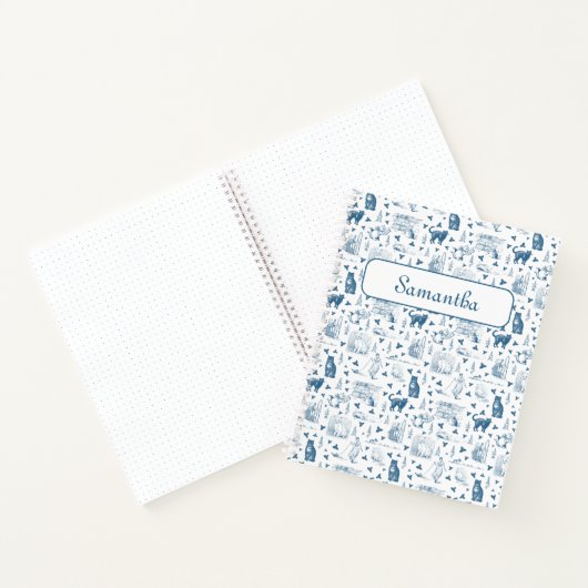 Retro Toile Patroon Cat Catnip Wit Blauw Notitieboek (Binnen)