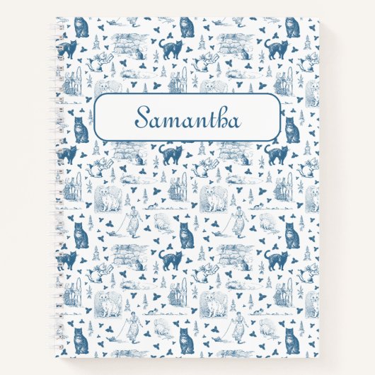 Retro Toile Patroon Cat Catnip Wit Blauw Notitieboek (Voorkant)