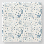 Retro Toile Patroon Cat Catnip Wit Blauw Stenen Onderzetter (Voorkant)