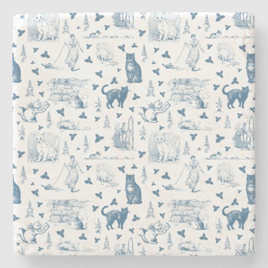 Retro Toile Patroon Cat Catnip Wit Blauw Stenen Onderzetter (Voorkant)