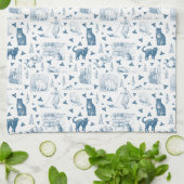 Retro Toile Patroon Cat Catnip Wit Blauw Theedoek (Gevouwen)