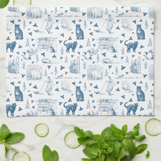 Retro Toile Patroon Cat Catnip Wit Blauw Theedoek (Gevouwen)