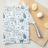 Retro Toile Patroon Cat Catnip Wit Blauw Theedoek (Quarter Fold)