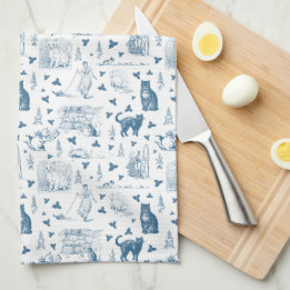 Retro Toile Patroon Cat Catnip Wit Blauw Theedoek
