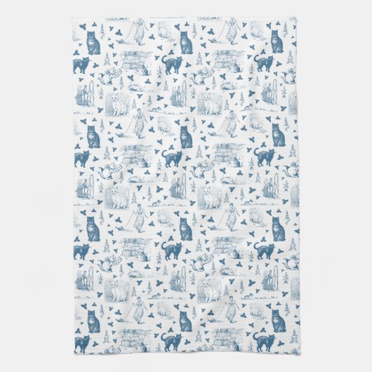 Retro Toile Patroon Cat Catnip Wit Blauw Theedoek (Verticaal)
