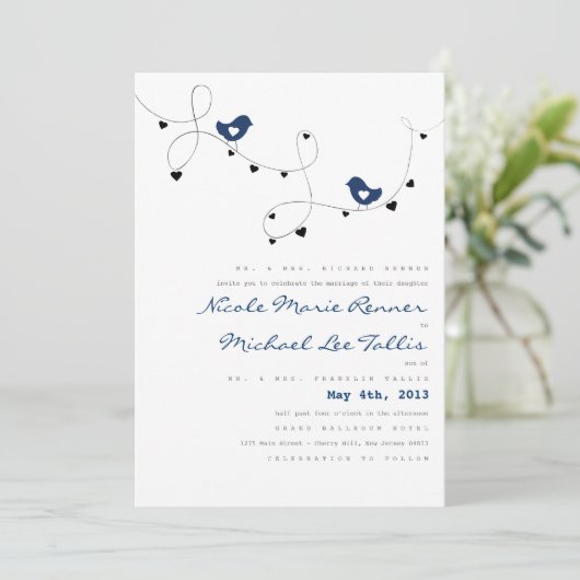 Retro-Tortelduifjes en harten-bruiloft-uitnodiging Kaart (Staand voorkant)