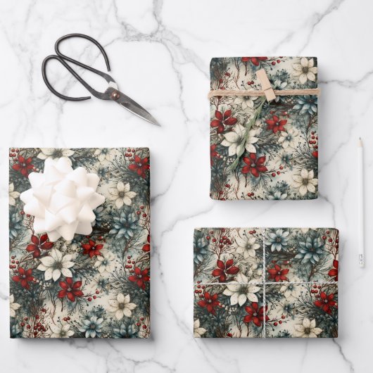 retro traditioneel kerstpoinsettia inpakpapier vel (Voorkant)