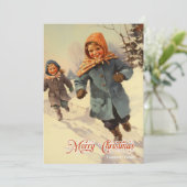 retro traditioneel kinder spelen sneeuwberg feestdagenkaart (Staand voorkant)