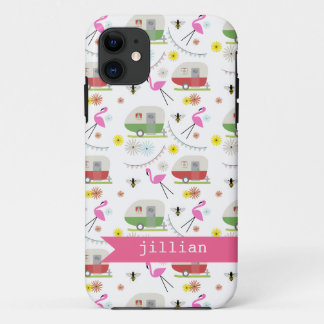 Retro Trailer en Flamingos Patroon iPhone 11 Hoesje