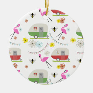 Retro Trailer en Flamingos Patroon Keramisch Ornament
