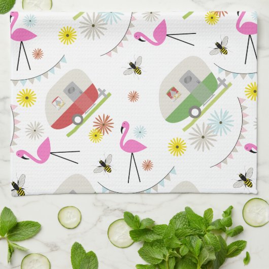 Retro Trailer en Flamingos Patroon Theedoek (Gevouwen)