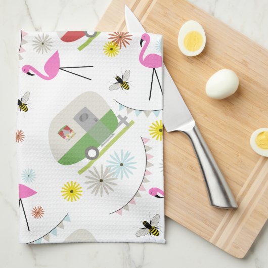 Retro Trailer en Flamingos Patroon Theedoek (Quarter Fold)