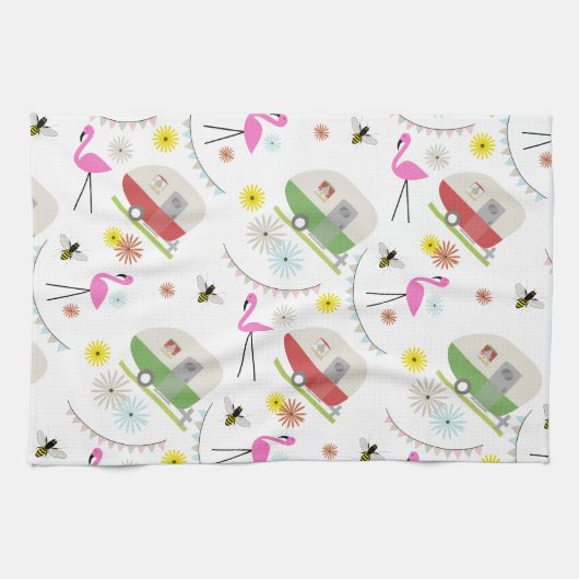 Retro Trailer en Flamingos Patroon Theedoek (Horizontaal)