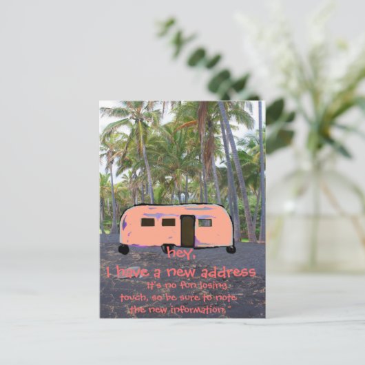 Retro Trailer Hawaiian Palm New Home Aankondigingskaart (Staand voorkant)