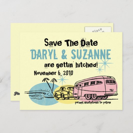 Retro trailer net getikt Save the Date Aankondigingskaart (Voorkant / Achterkant)