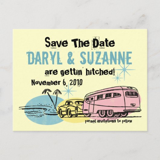 Retro trailer net getikt Save the Date Aankondigingskaart (Voorkant)