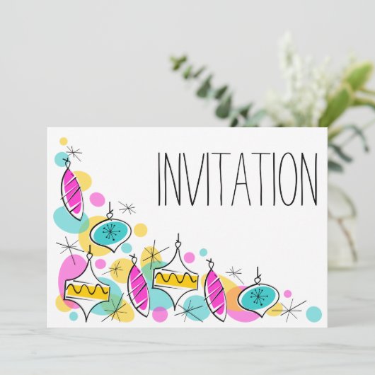 Retro Tree Baubles Corner-uitnodiging Kaart (Staand voorkant)