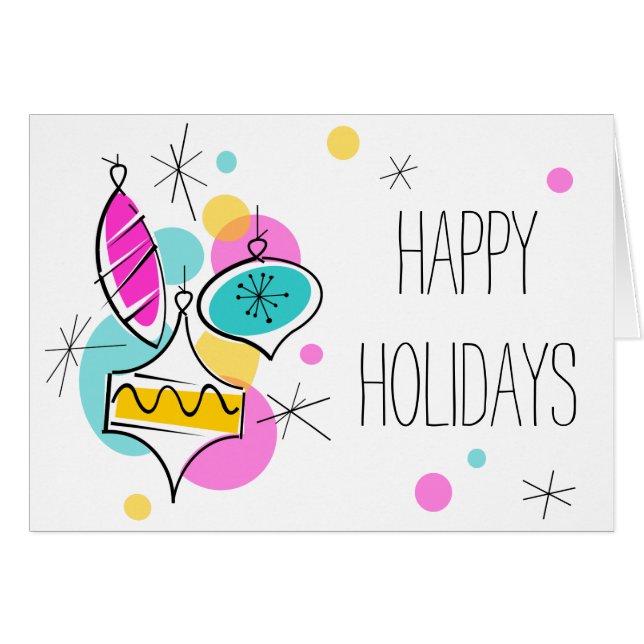 Retro Tree Baubles Group Happy Holidays card (Devant horizontal)