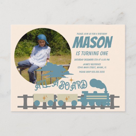 Retro Trein Kinderen Verjaardagsfeestje Aards  Fot Briefkaart (Voorkant)