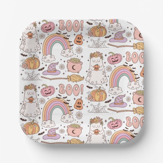 Retro Trendy Leuke Halloween Elements Ghost Pumpki Papieren Bordje (Voorkant)