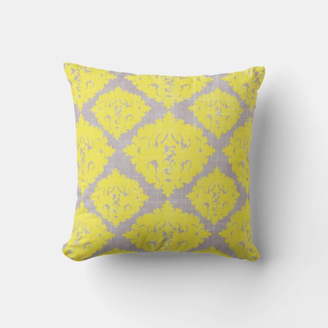 Retro Trendy Yellow & Grey Damask Pattern Pillow Kussen (Voorkant)