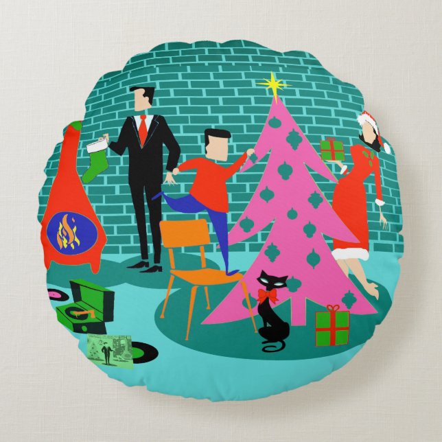 Retro Trimming kerstboomronde Pillow Rond Kussen (Voorkant)