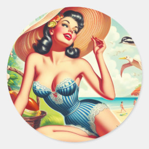 Retro Tropical Beach Pinup Ronde Sticker