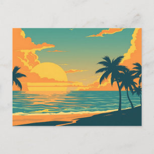 Retro Tropical Beach Zonsondergang Briefkaart