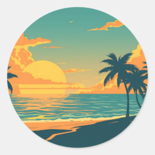 Retro Tropical Beach Zonsondergang Ronde Sticker