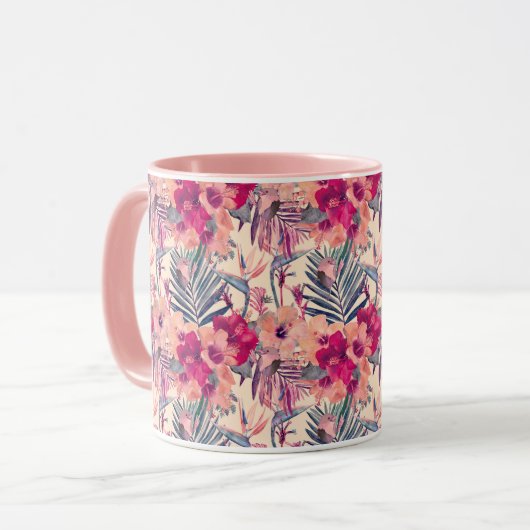 Retro Tropical Hibiscus Wren Pattern Mok (Voorkant links)