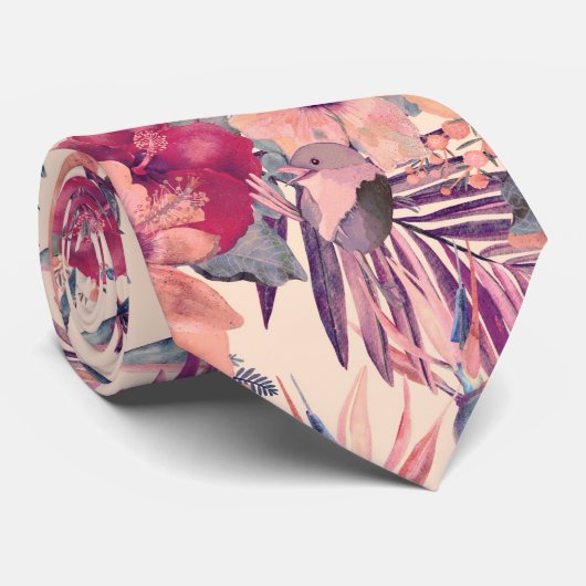 Retro Tropical Hibiscus Wren Pattern Stropdas (Opgerold)