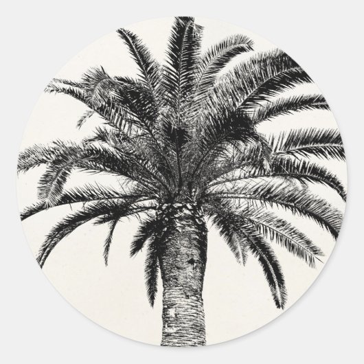Retro Tropical Island Palm Tree (zwart-wit) Ronde Sticker (Voorkant)