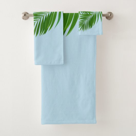 Retro Tropical Sun Palm Leaves Blue Minimum Name Bad Handdoek (Insitu)