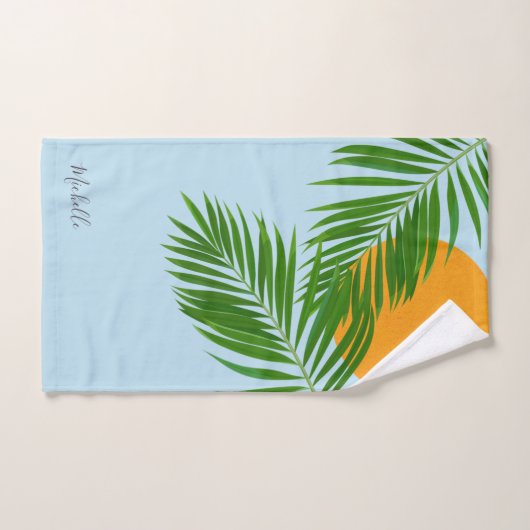 Retro Tropical Sun Palm Leaves Blue Minimum Name Bad Handdoek (Handdoek)