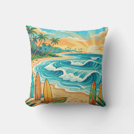 Retro Tropical Surf Beach Waves Throw Pillow Kussen