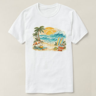 Retro Tropisch Strand Zonsondergang Illustratie | T-shirt