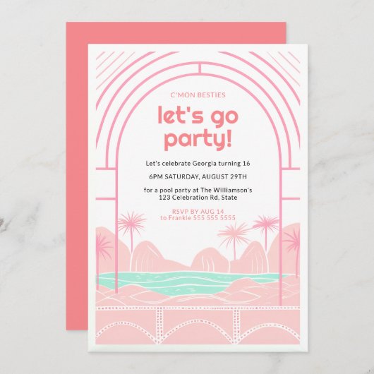 Retro Tropische 16e poolfeest Verjaardag Kaart (Voorkant / Achterkant)