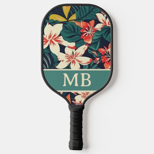 Retro Tropische bladeren Bloemen Monogram Initiale Pickleball Paddle (Achterkant)