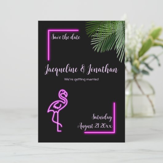 Retro Tropische Neon Roze Flamingo sparen de Datum Kaart (Staand voorkant)