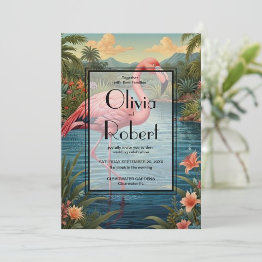 Retro tropische roze flamingo kaart (Staand voorkant)