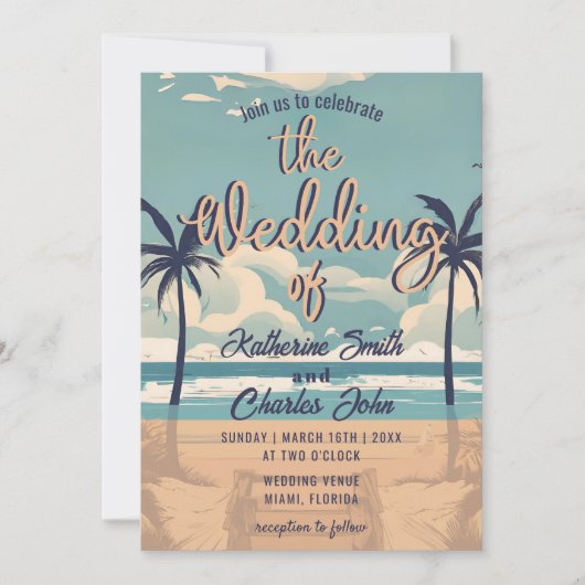 Retro Tropische Strand Bestemming Bruiloft Kaart (Voorkant)