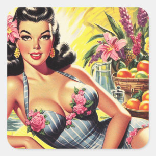 Retro Tropische Zomer Pin Up Vierkante Sticker