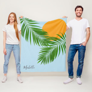 Retro Tropische Zon Palmbladeren Blauwe Minimalist Fleece Deken