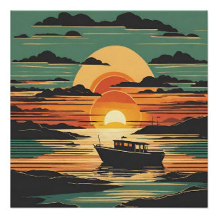 Retro Tropische Zonsondergang met Boot en Zwarte W Perfect Poster