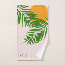 Retro Tropische Zonsondergang Palmbladeren Minimal Bad Handdoek