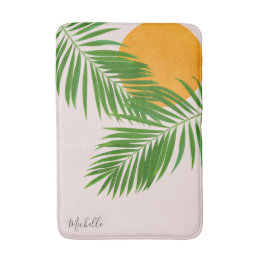 Retro Tropische Zonsondergang Palmbladeren Minimal Badmat