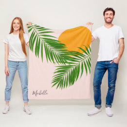Retro Tropische Zonsondergang Palmbladeren Minimal Fleece Deken